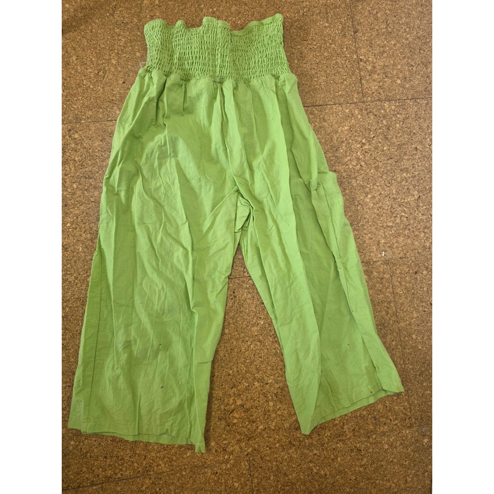 Unbranded Lime Green Smocked High Waist Wide Leg Pants with Pockets Womens L/XL - Picture 2 of 3
